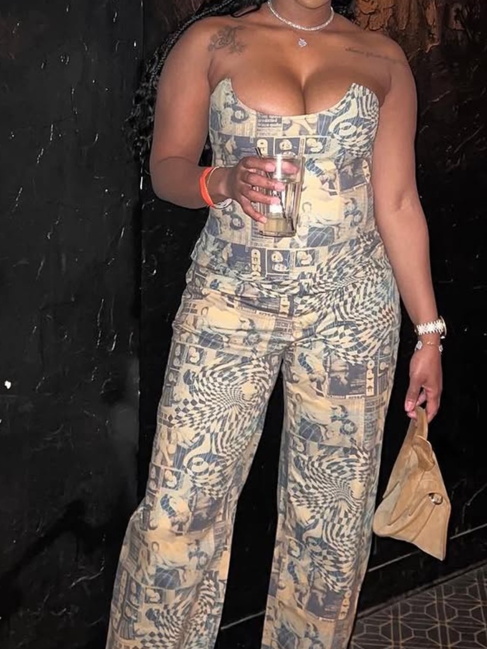 Miaou Strapless Wide-Leg Jumpsuit in Beige and Navy Print